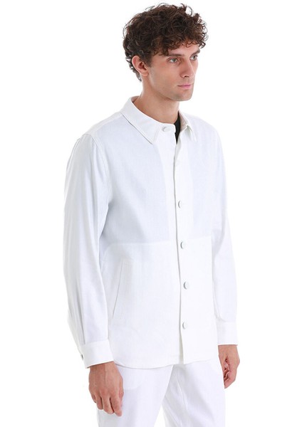 Beyaz Regular Fit Düz Mono Yaka Keten Overshirt Spor Takım indirimleri