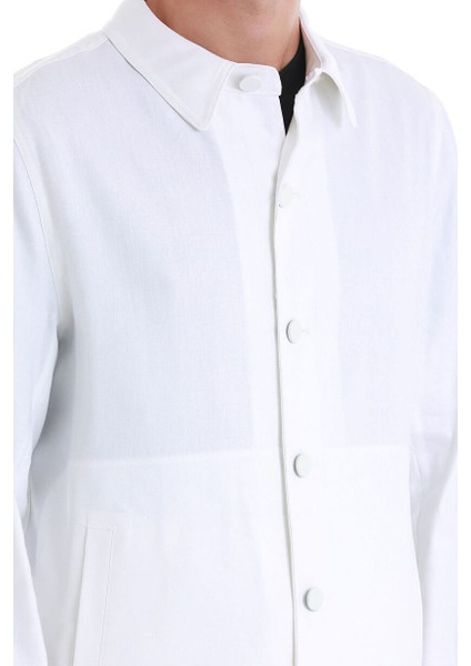 Beyaz Regular Fit Düz Mono Yaka Keten Overshirt Spor Takım