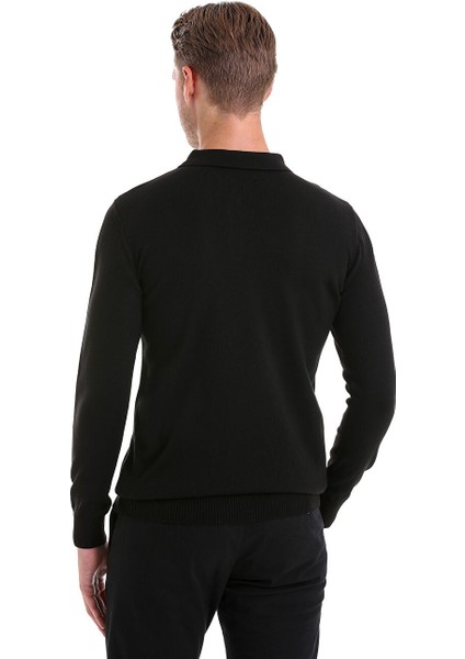 Siyah Regular Fit Düz Polo Yaka Triko Kazak