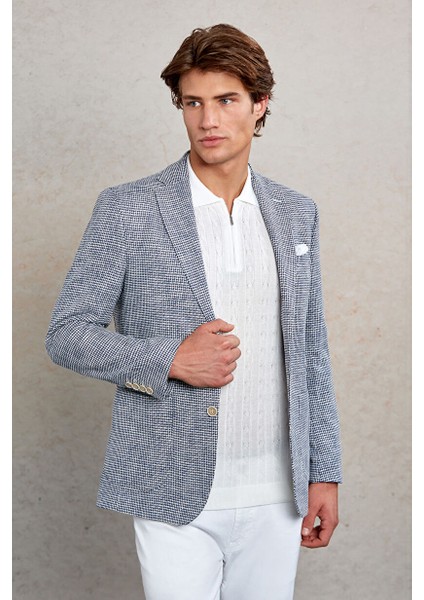 Lacivert Comfort Fit Desenli Mono Yaka Casual Ceket