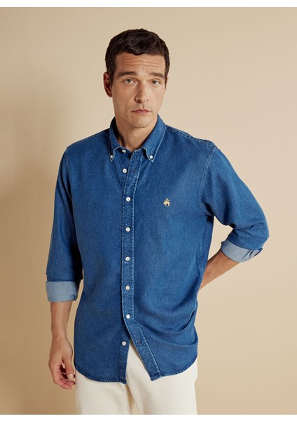Lacivert Erkek Düğmeli Regular Fit Gömlek BBFW24MDS001