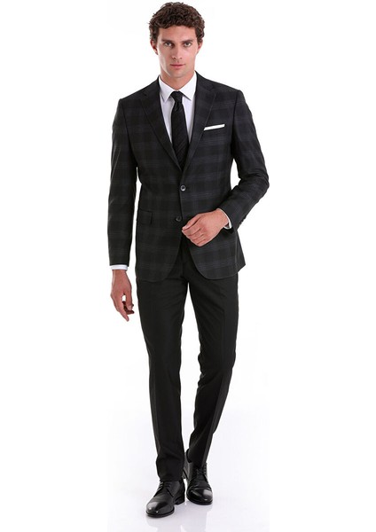Siyah Slim Fit Kareli Mono Yaka Casual Takım Elbise