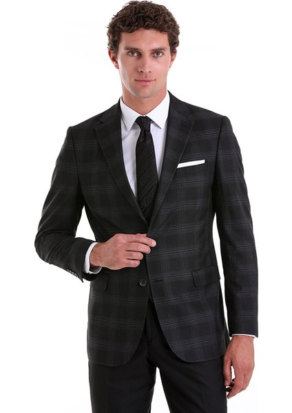 Siyah Slim Fit Kareli Mono Yaka Casual Takım Elbise fiyatları