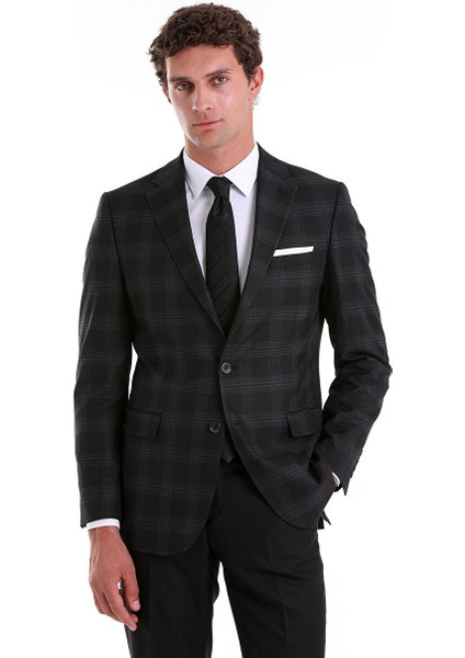 Siyah Slim Fit Kareli Mono Yaka Casual Takım Elbise modelleri