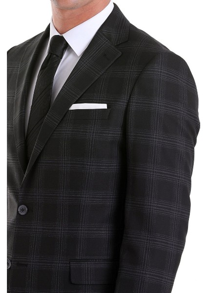 Siyah Slim Fit Kareli Mono Yaka Casual Takım Elbise fırsatları