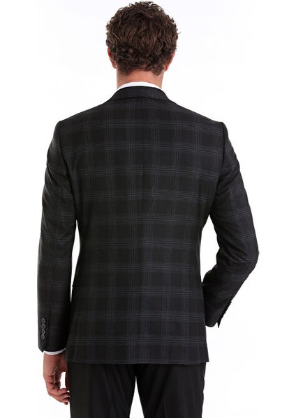 Siyah Slim Fit Kareli Mono Yaka Casual Takım Elbise