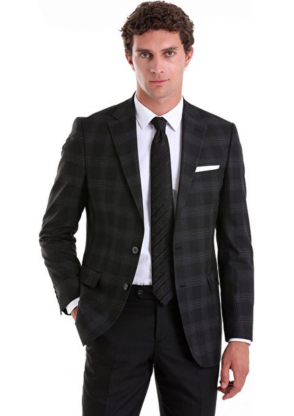 Siyah Slim Fit Kareli Mono Yaka Casual Takım Elbise