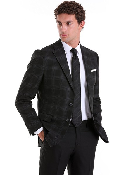 Siyah Slim Fit Kareli Mono Yaka Casual Takım Elbise