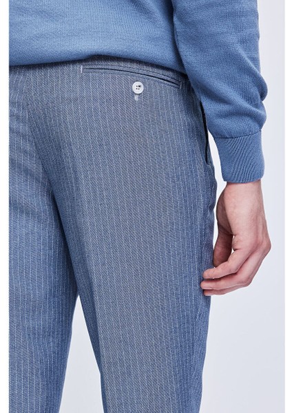 Mavi Slim Fit Çizgili Kruvaze Klasik Takım Elbise fırsatları