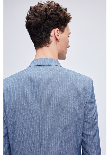 Mavi Slim Fit Çizgili Kruvaze Klasik Takım Elbise
