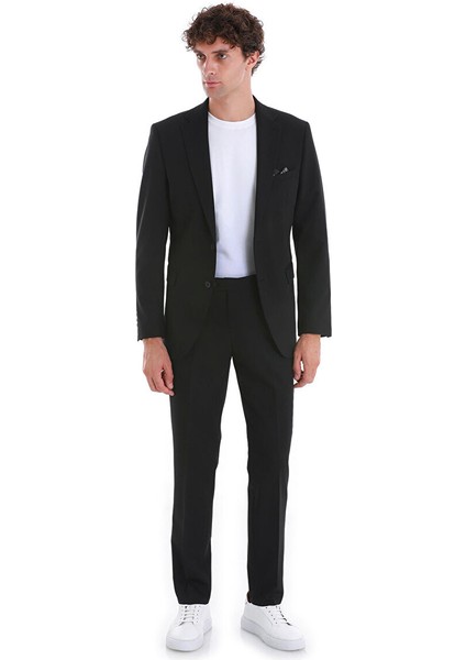 Siyah Slim Fit Düz Mono Yaka Klasik Takım Elbise