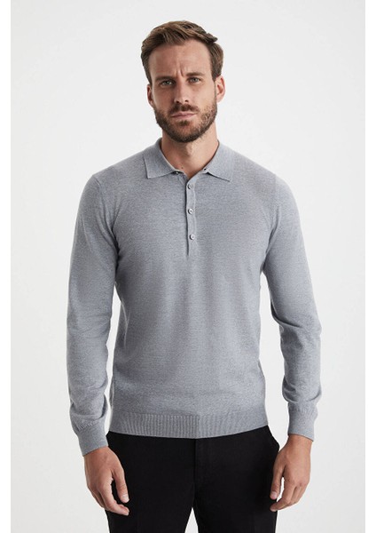 Polo Yaka Merino Yün Açık Gri Triko