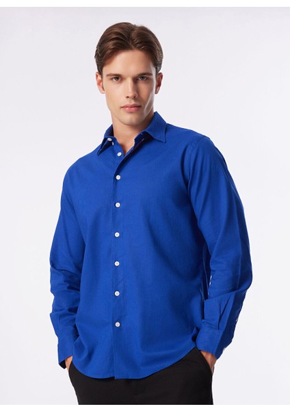 Slim Fit Gömlek Yaka Saks Erkek Gömlek 1090733