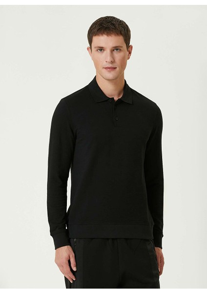 Siyah Erkek Düğmeli Slim Fit Düz Sweatshirt 1092426