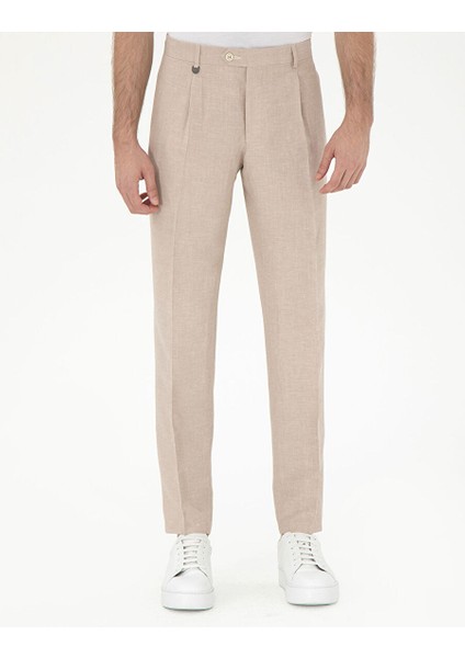 Açık Kahverengi Slim Fit Keten Karışımlı Pileli Pantolon fiyatları