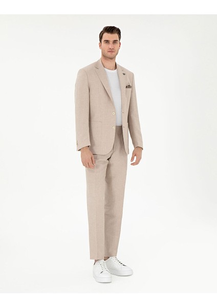 Açık Kahverengi Slim Fit Keten Karışımlı Pileli Pantolon modelleri