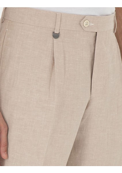 Açık Kahverengi Slim Fit Keten Karışımlı Pileli Pantolon indirimleri