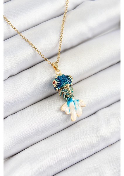 316L Çelik Zincir Mavi Balık Model Gold Renk Kadın Kolye - Lisinya