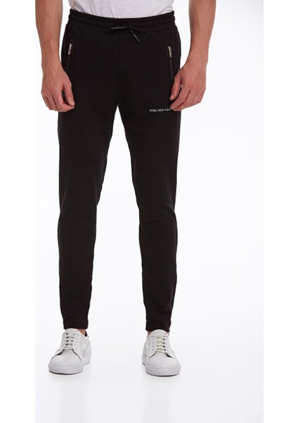 Siyah Regular Fit Düz Pamuklu Dar Paça Eşofman Altı