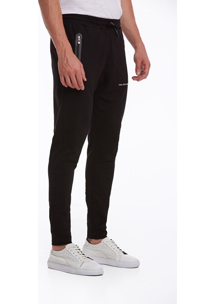Siyah Regular Fit Düz Pamuklu Dar Paça Eşofman Altı