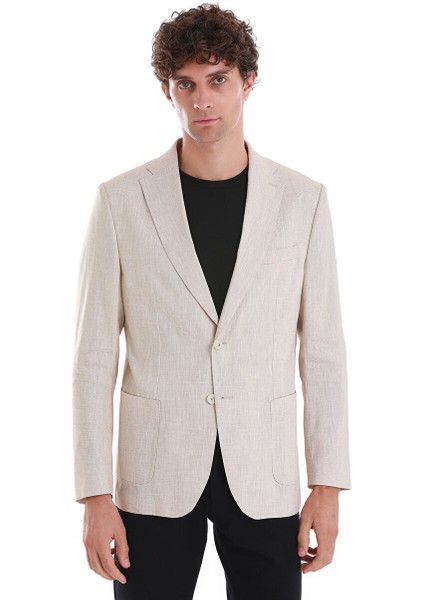 Bej Slim Fit Düz Mono Yaka Casual Keten Ceket