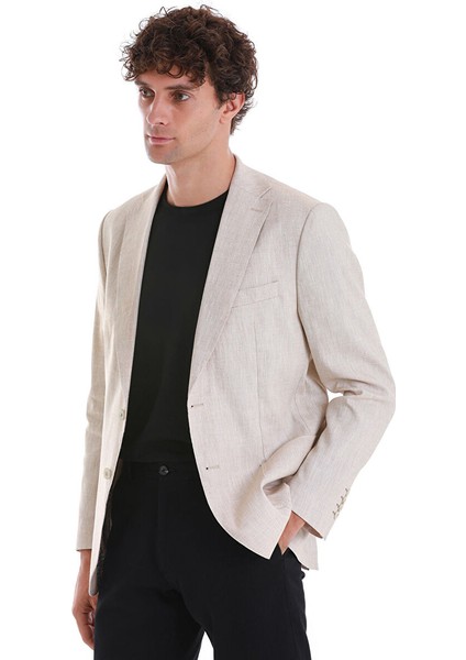 Bej Slim Fit Düz Mono Yaka Casual Keten Ceket modelleri