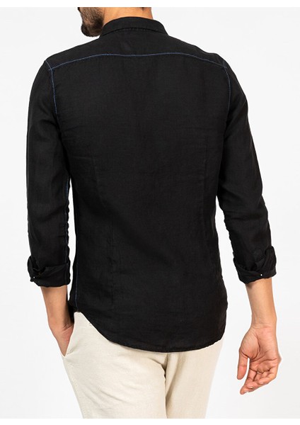Standart Düğmeli Yaka Siyah Erkek Gömlek Mr Linen Shirt fiyatları