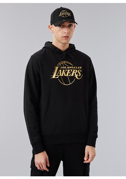 Kapüşon Yaka Siyah Erkek Sweatshırt 60284705NBA Foıl Prınt Hoody Loslak