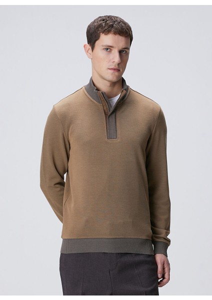 Deve Tüyü Erkek Fermuarlı Slim Fit Düz Sweatshirt 1091891