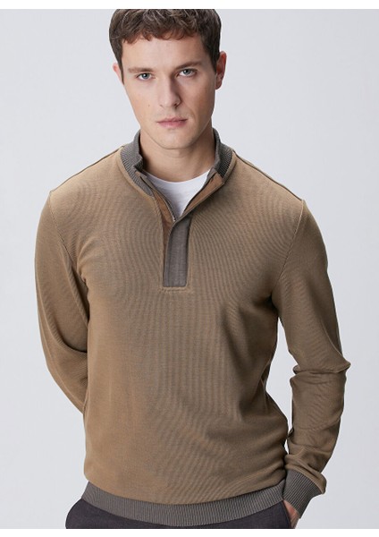 Deve Tüyü Erkek Fermuarlı Slim Fit Düz Sweatshirt 1091891