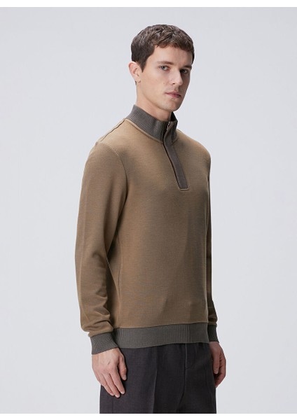 Deve Tüyü Erkek Fermuarlı Slim Fit Düz Sweatshirt 1091891