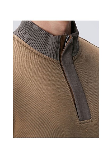 Deve Tüyü Erkek Fermuarlı Slim Fit Düz Sweatshirt 1091891