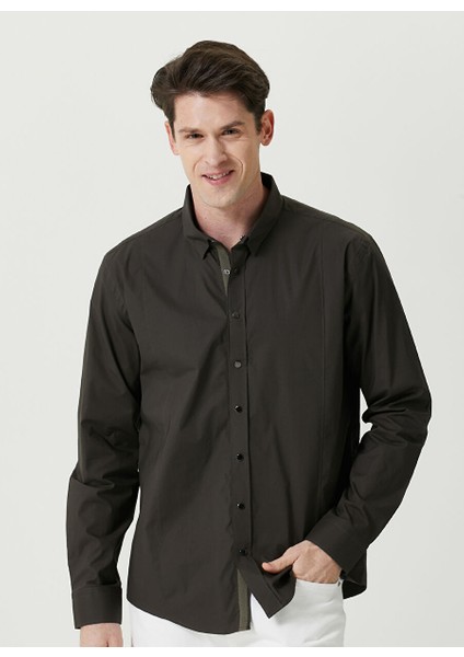 Slim Fit Klasik Yaka Haki Erkek Gömlek 1080116