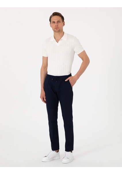Lacivert Slim Fit Keten Görünümlü Kanvas Pantolon