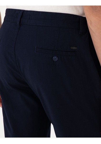 Lacivert Slim Fit Keten Görünümlü Kanvas Pantolon