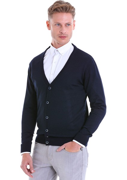 Lacivert Comfort Fit Düz V Yaka Yünlü Triko Hırka