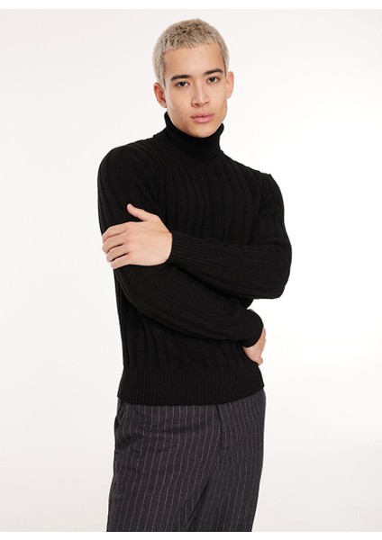 Siyah Erkek Balıkçı Yaka Slim Fit Kazak WM34_ZM07
