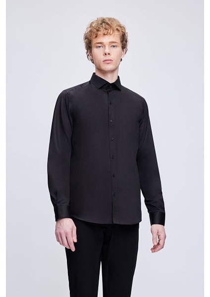 Siyah Slim Fit 100% Pamuk Açık Italyan Yaka Uzun Kollu Saten Gömlek