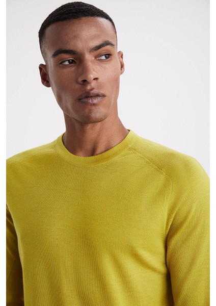 Slim Fit Bisiklet Yaka Koyu Sarı Merino Yün Triko fiyatları