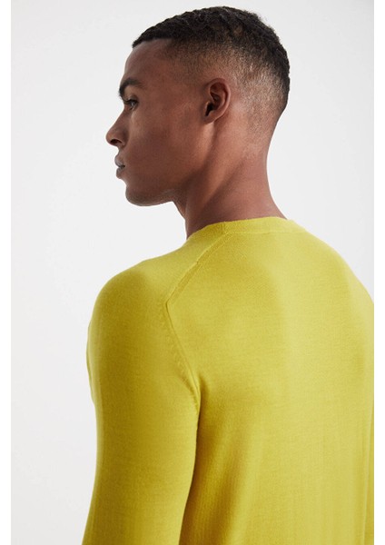 Slim Fit Bisiklet Yaka Koyu Sarı Merino Yün Triko indirimleri