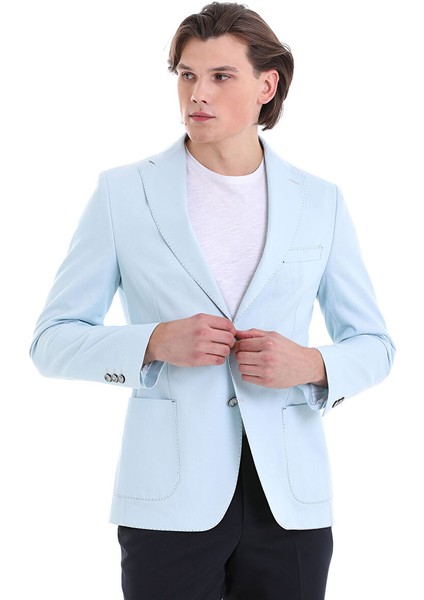 Mavi Slim Fit Düz Mono Yaka Klasik Keten Ceket modelleri