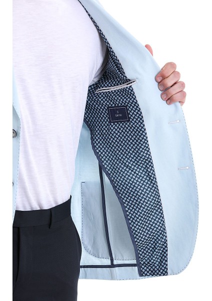 Mavi Slim Fit Düz Mono Yaka Klasik Keten Ceket