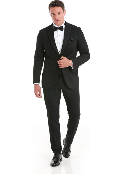 Siyah Slim Fit Desenli Çıkma Sivri Yaka Klasik Damatlık