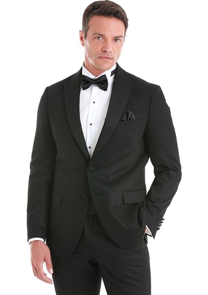 Siyah Slim Fit Desenli Çıkma Sivri Yaka Klasik Damatlık fırsatları