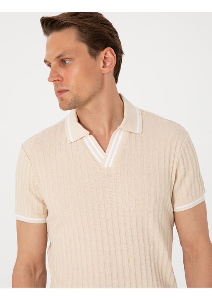 Bej Slim Fit Örme Dokulu Polo Yaka Tişört fiyatları