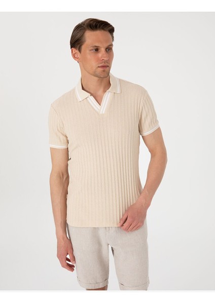 Bej Slim Fit Örme Dokulu Polo Yaka Tişört modelleri