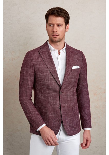 Bordo Slim Fit Desenli Mono Yaka Klasik Ceket