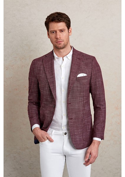 Bordo Slim Fit Desenli Mono Yaka Klasik Ceket