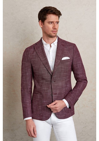 Bordo Slim Fit Desenli Mono Yaka Klasik Ceket