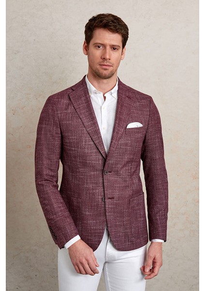 Bordo Slim Fit Desenli Mono Yaka Klasik Ceket